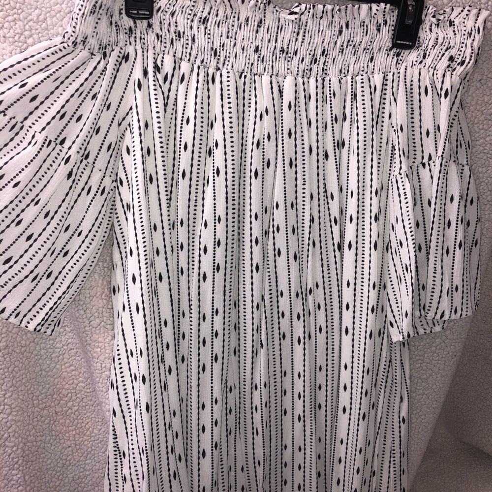 Flowy short black and white off the shoulder dress